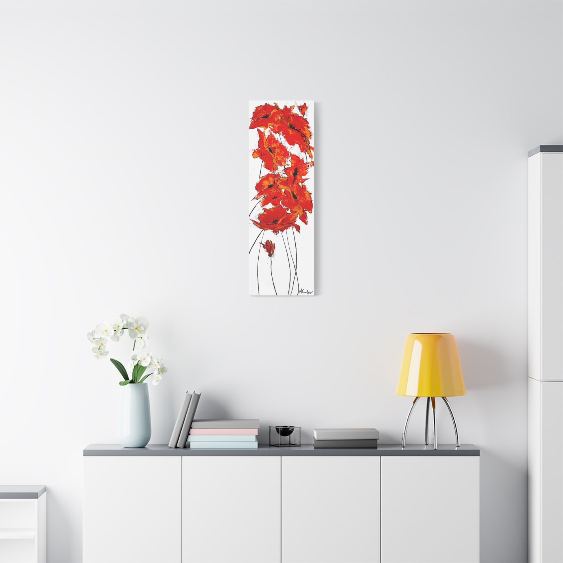 bright red orange poppy canvas print on white wall