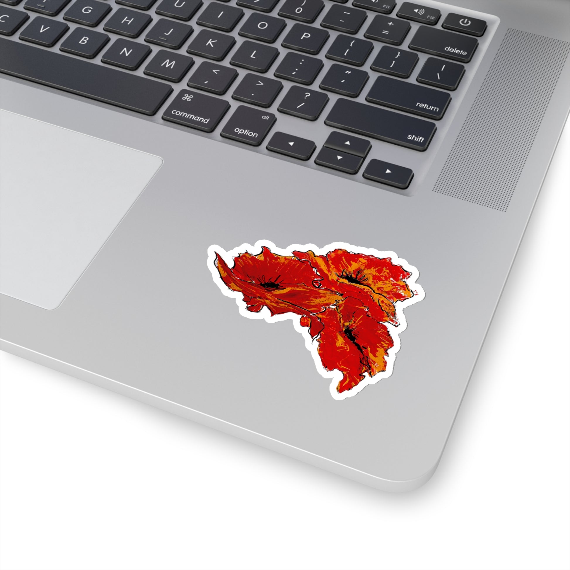 three red orange poppies sticker on laptop