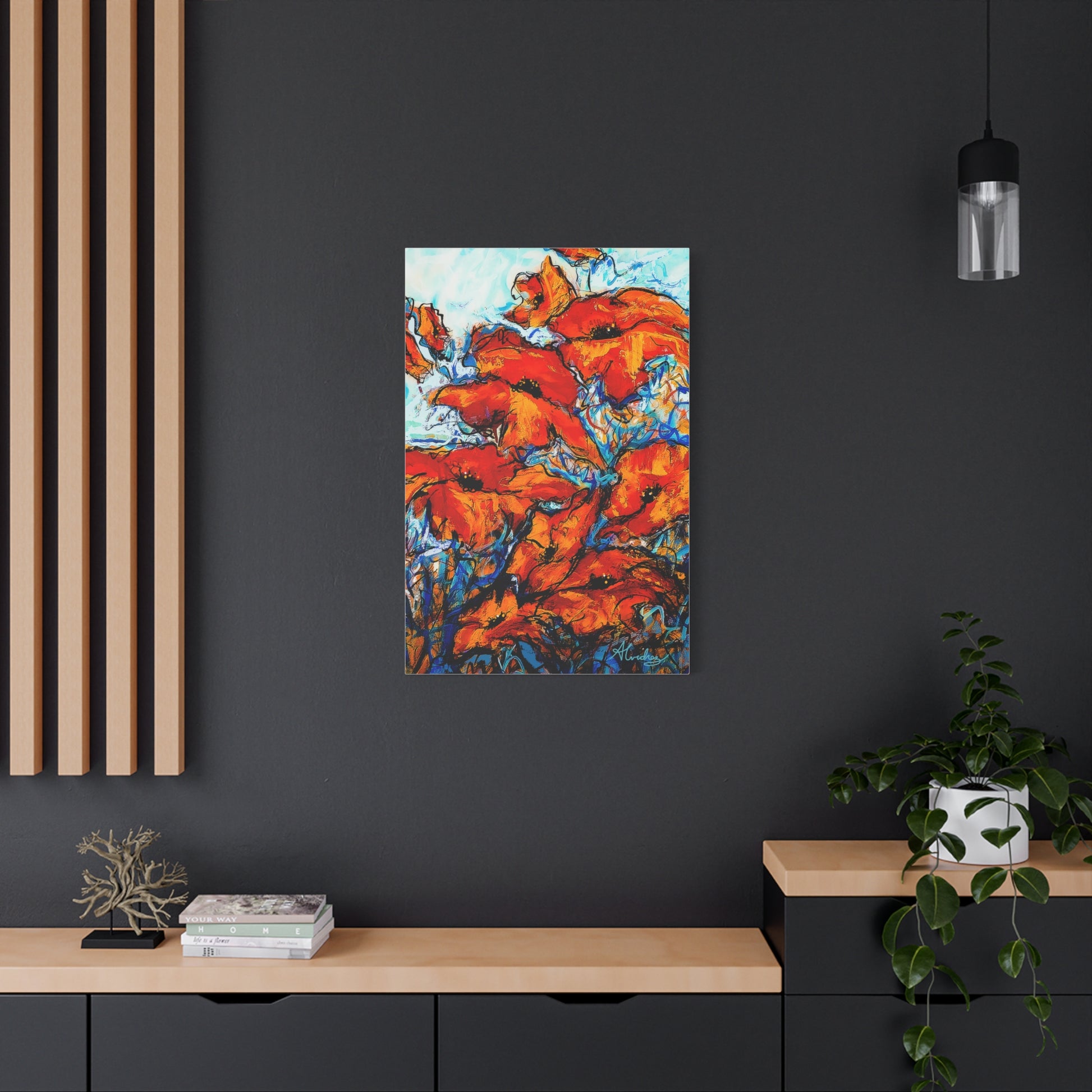 vibrant red orange poppy floral canvas print on black wall