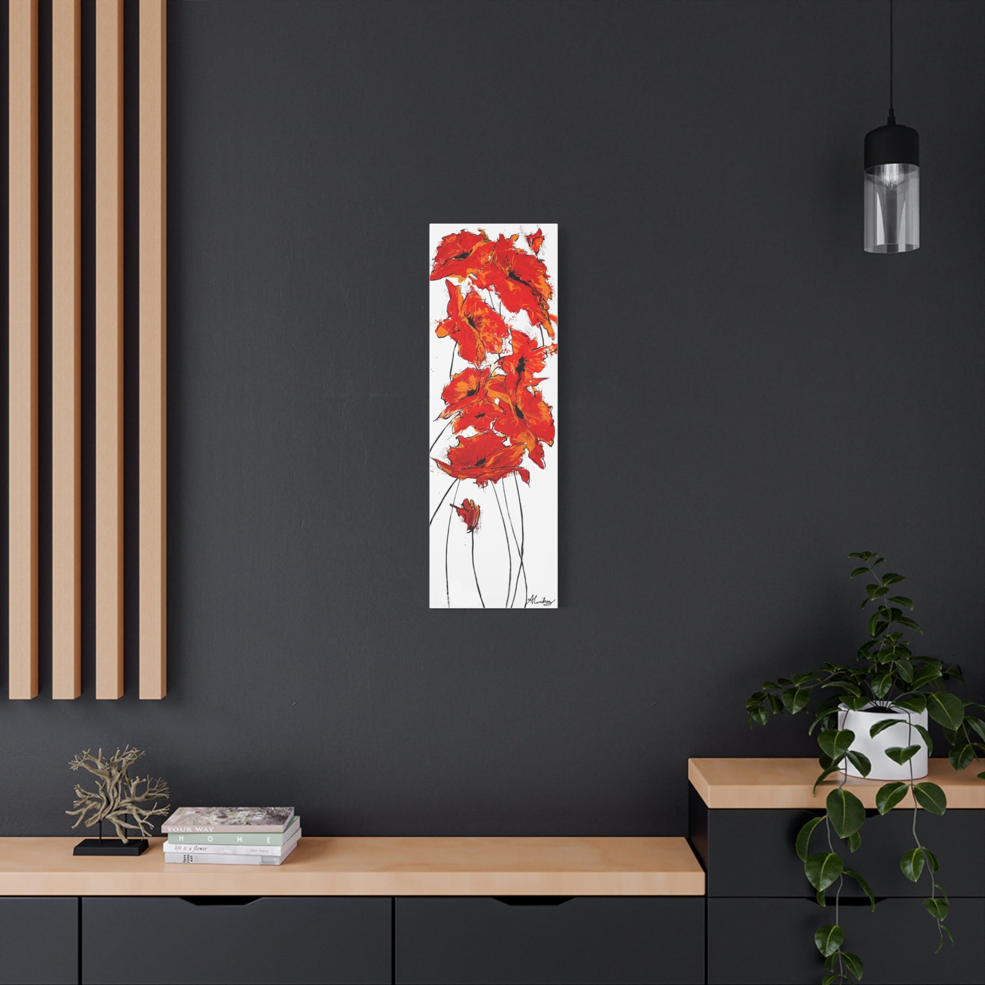 bright red orange poppy canvas print on black wall