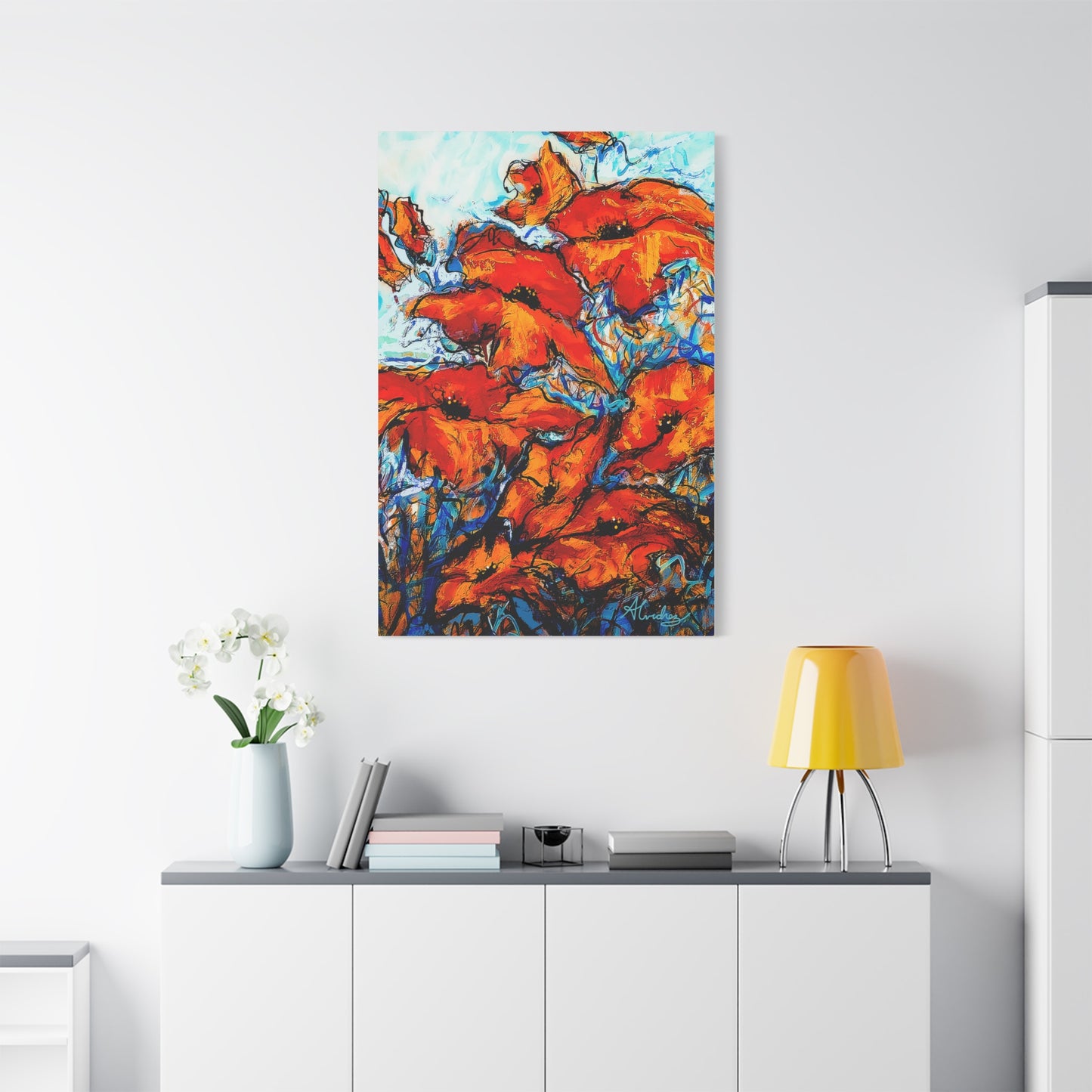 vibrant red orange poppy floral canvas print on white wall